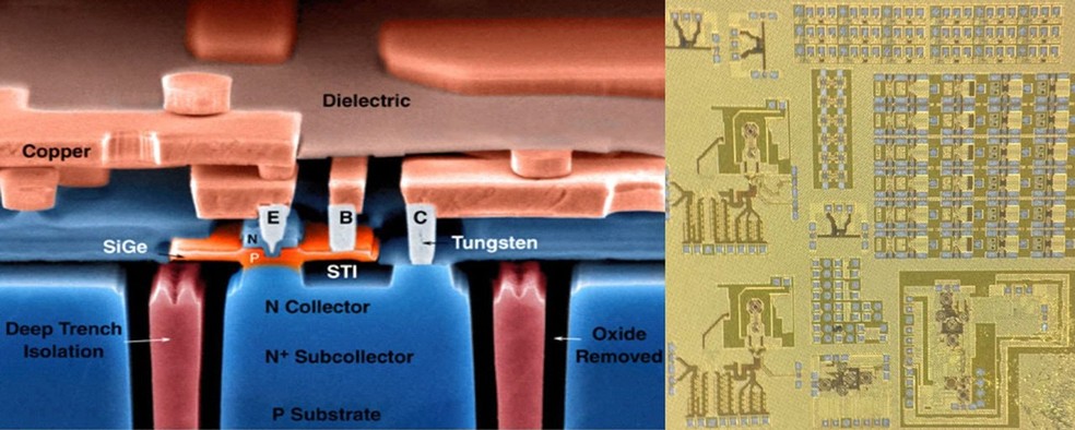 Imagem mostra transistor de silício-germânio e um protótipo de circuito integrado desenvolvido para funcionar no frio extremo e sob radiação intensa de mundos oceânicos do Sistema Solar. — Foto: John D. Cressler/Georgia Tech
