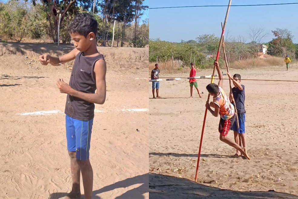 Garoto de 13 anos viraliza ao treinar salto com vara com materiais improvisados — Foto: Arquivo pessoal