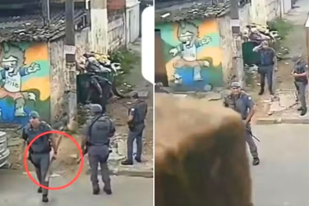Policiais militares foram filmados quebrando câmeras de monitoramento em comunidade em Guarujá, SP — Foto: Reprodução