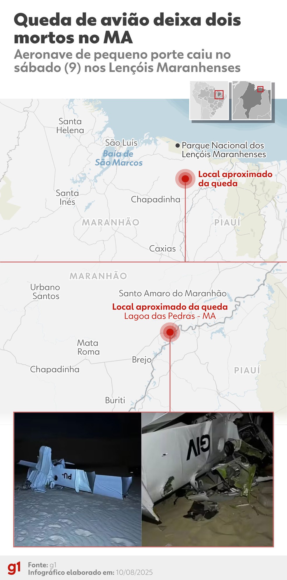 Local onde avião de pequeno porte caiu nos Lençóis Maranhenses, deixando duas pessoas mortas — Foto: Arte: g1