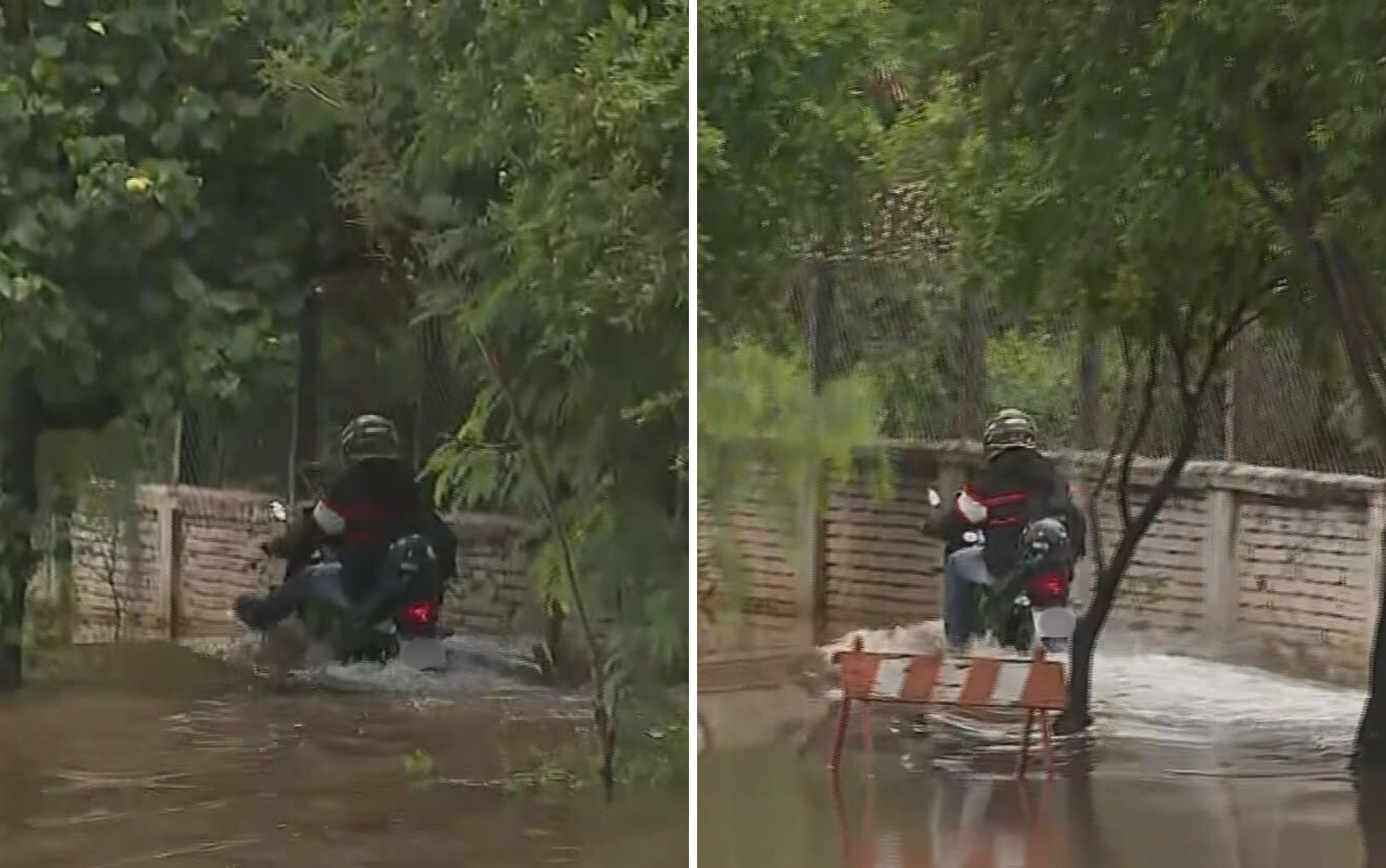 Motociclista se arrisca sobre uma roda para passar por alagamento em ...