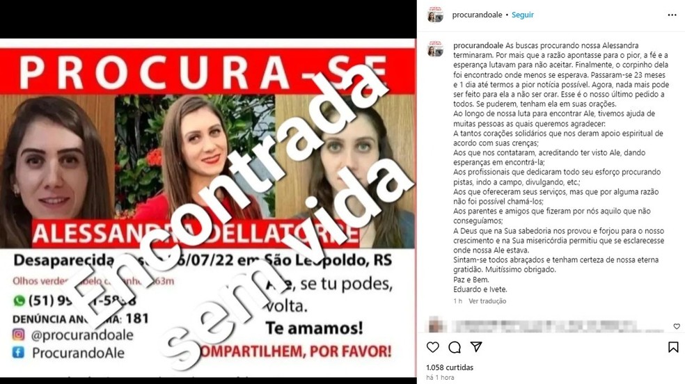 Publicação assinada pelos pais de Alessandra Dellatorre, advogada que desapareceu em São Leopoldo — Foto: Reprodução/Instagram