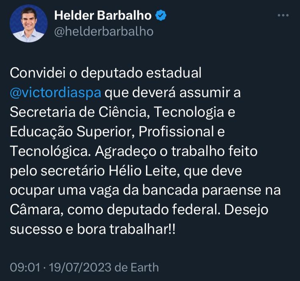 Helder Barbalho anúncia mudanças políticas em rede social, nesta quarta (19). — Foto: Reprodução