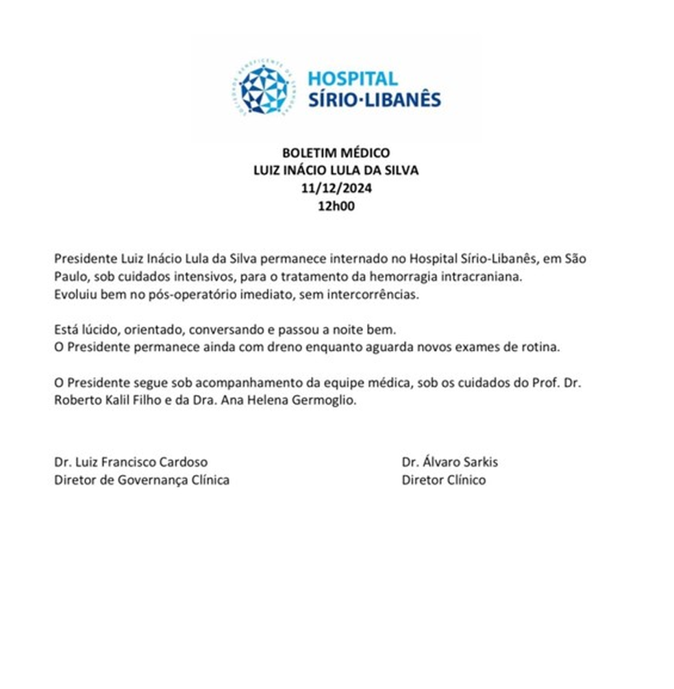 Boletim médico do presidente Lula — Foto: Reprodução