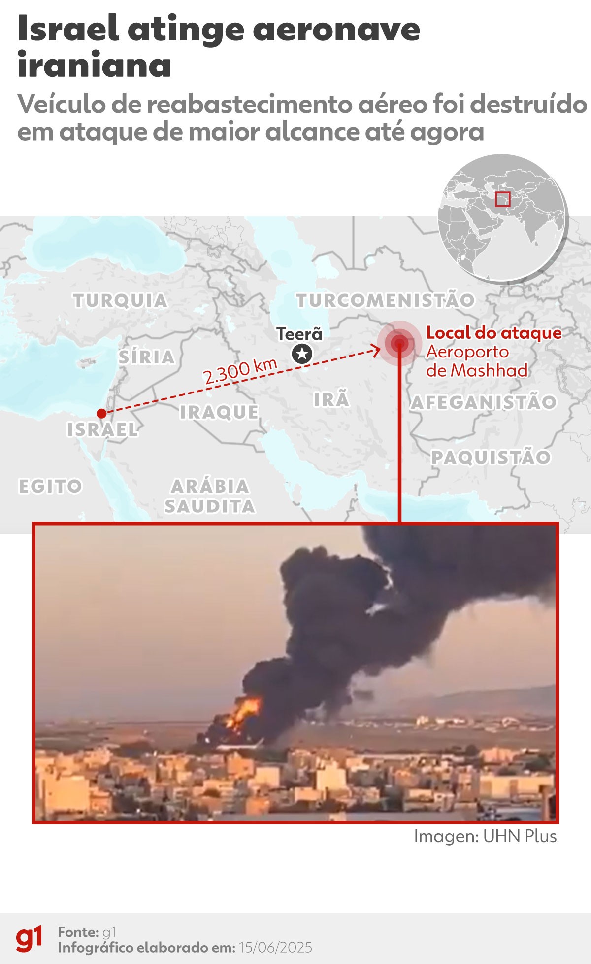 Em ataque de maior alcance, Israel diz ter atingido aeronave em aeroporto iraniano a cerca de 2.300 km