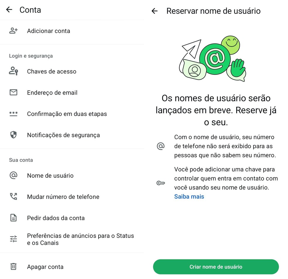 Reserva de nomes de usuário no WhatsApp — Foto: Divulgação/WhatsApp