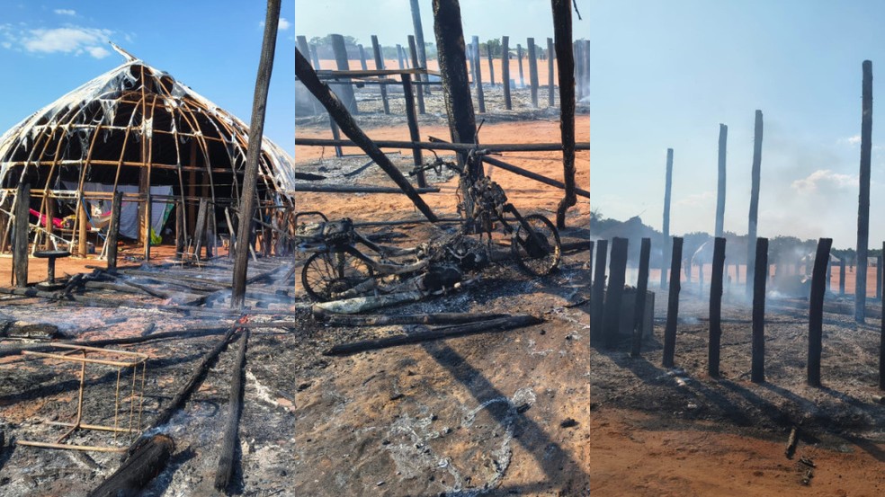 Incêndio destruiu ocas e outras estruturas da aldeia indígena Tanguro, em Querência (MT). — Foto: Reprodução