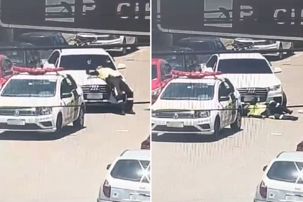 Agente de trânsito é atropelado por carro após aplicar multa no litoral de SP — Foto: Reprodução