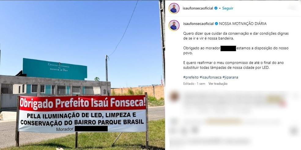 Publicação com banner de agradecimento feito por morador — Foto: Redes Sociais/Reprodução