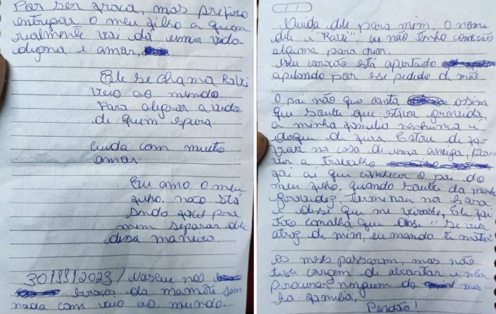 Carta foi supostamente deixada por mãe de bebê abandonado em Feira de Santana — Foto: Arquivo pessoal