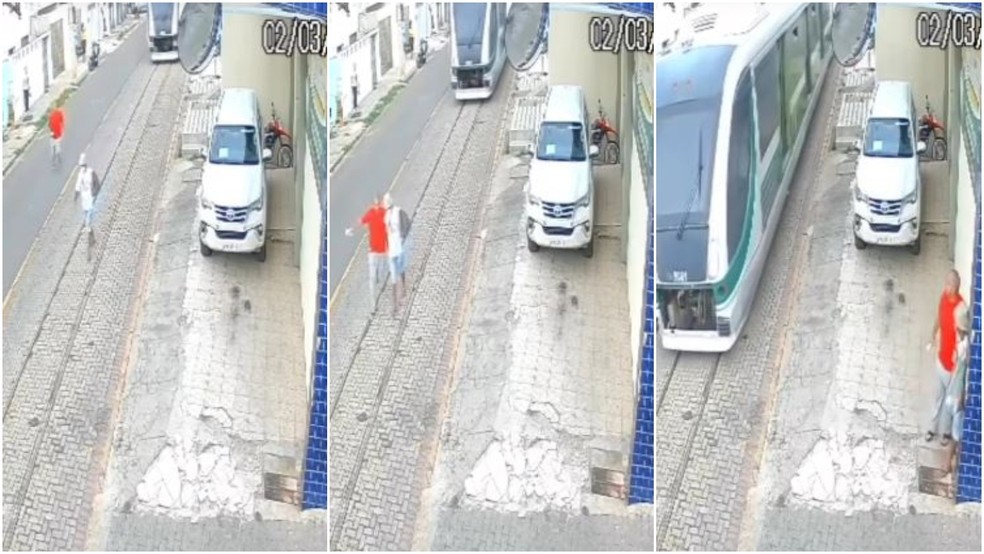 Homem corre e salva pedestre de ser atropelado na linha de VLT em Sobral, no Ceará. — Foto: Reprodução