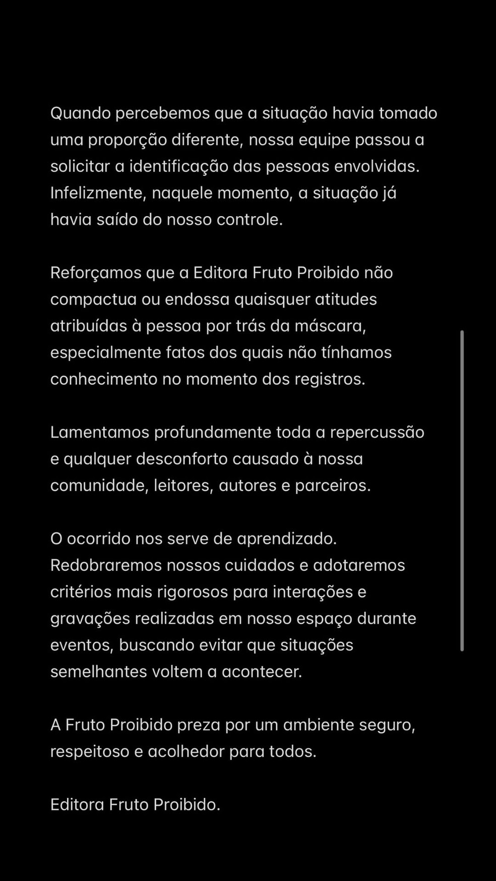 Comunicado editora Fruto Proibido — Foto: Reprodução/Instagram