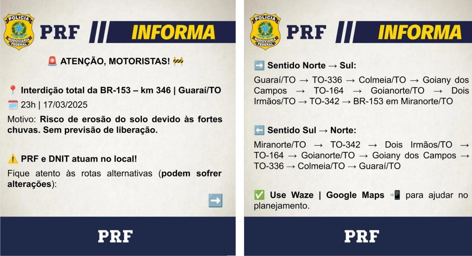 Trecho da BR-153 interditado por risco de rompimento de barragem tem meia pista liberada e trânsito em sistema de 'pare e siga'