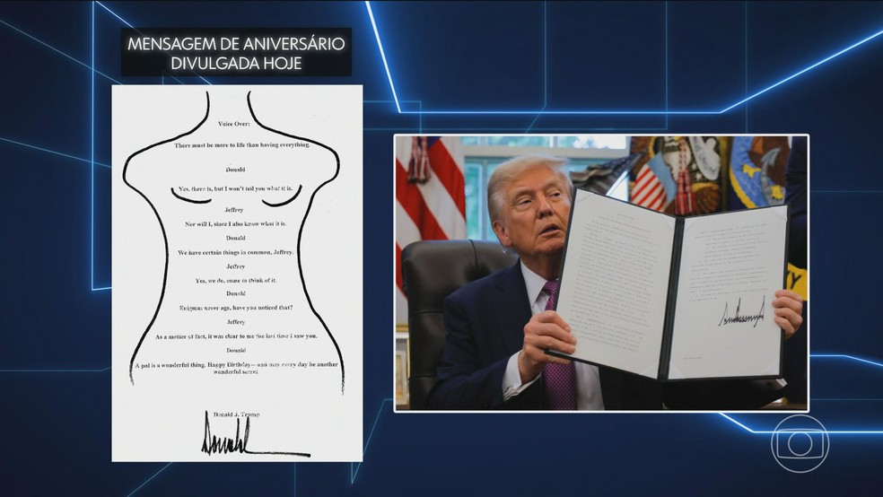 Trump enviou carta para Jeffrey Epstein com desenho de mulher nua, diz jornal; Casa Branca nega que a assinatura seja do presidente — Foto: Reprodução/TV Globo