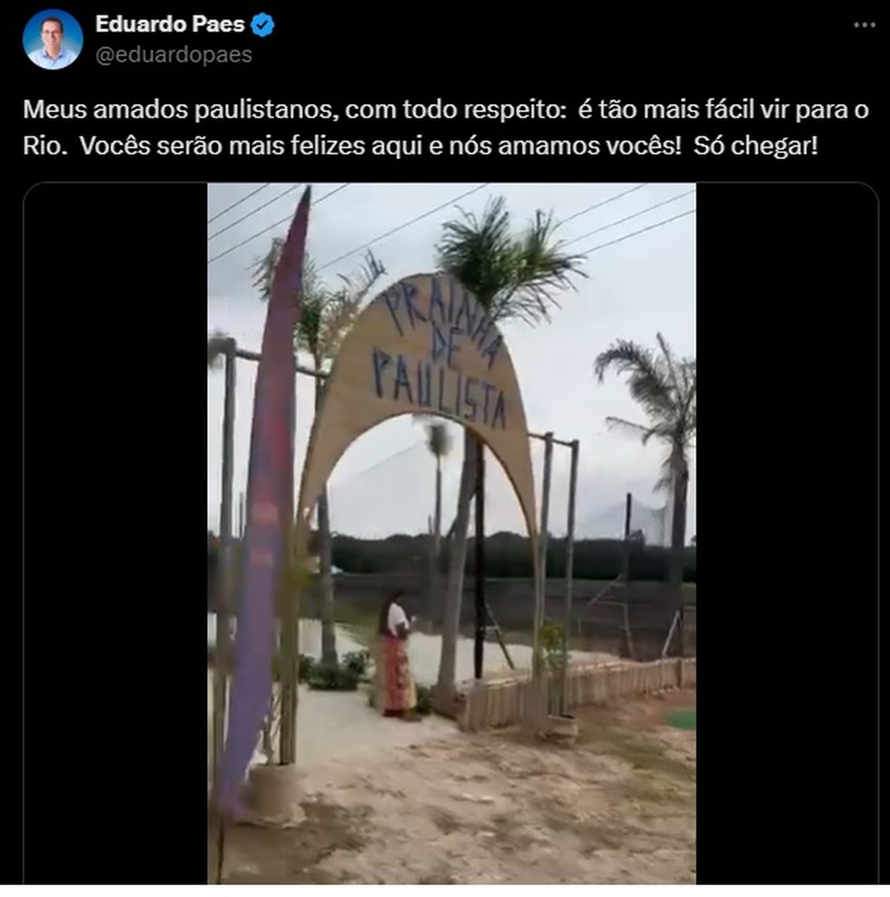 Publicação do prefeito do Rio de Janeiro sobre a 'Prainha de Paulista', às margens do Rio Pinheiros, em São Paulo. — Foto: Reprodução/Redes Sociais