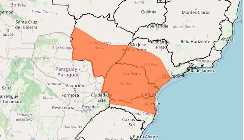 Mapa do Inmet mostra municípios de MS que estão no alerta de perigo até a manhã desta segunda-feira (9) — Foto: Reprodução/Inmet