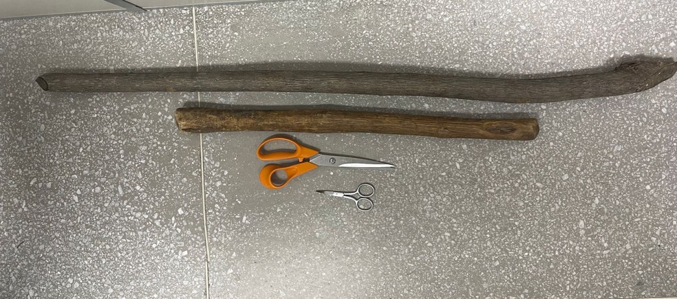 Tesoura e pedaços de madeira teriam sido usados em agressão de mulher contra familiares — Foto: Polícia Civil/Divulgação