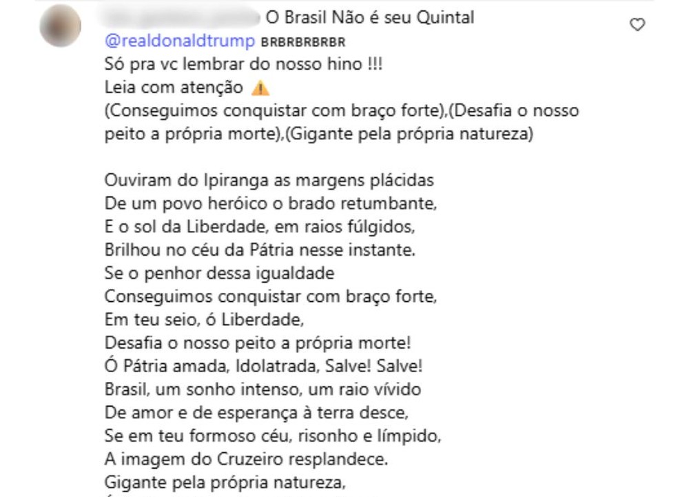 Usuário do Instagram usou o Hino Nacional para defender o Brasil. — Foto: Reprodução/Instagram/@realdonaldtrump