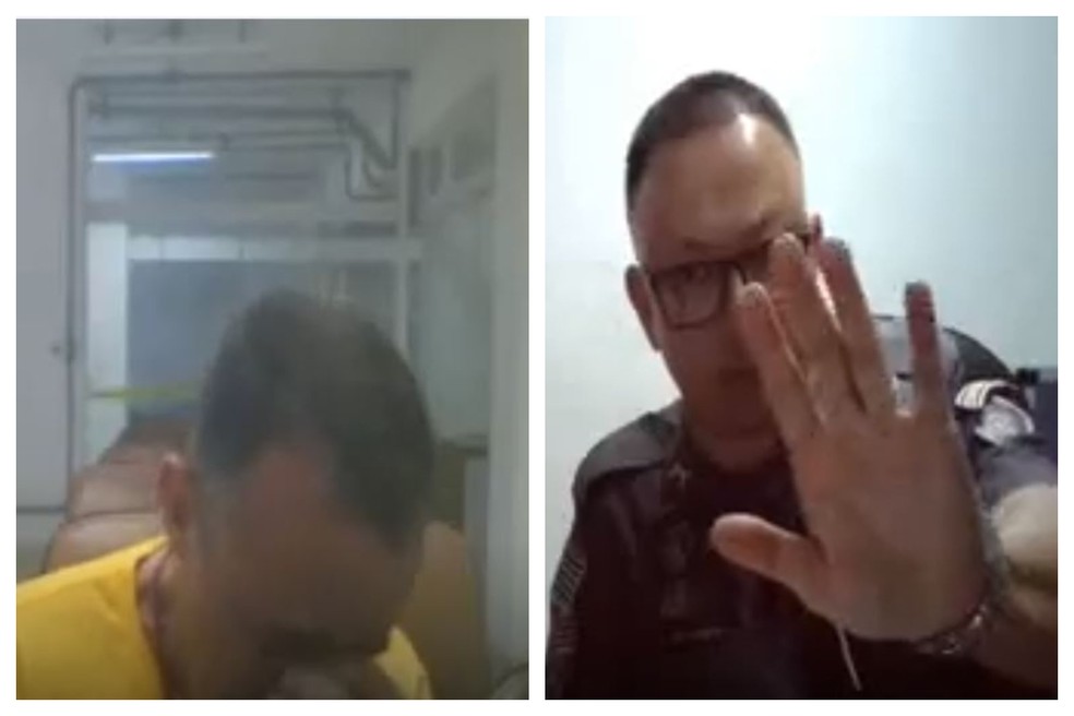 Geraldo Neto (&agrave; esquerda) chora e reclama da pris&atilde;o para comandante da Corregedoria da PM (&agrave; direita) durante interrogat&oacute;rio &mdash; Foto: Reprodu&ccedil;&atilde;o