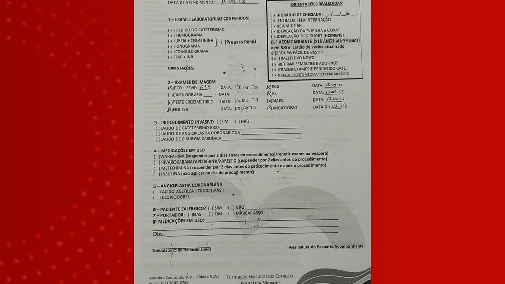 Documento mostra último exame feito pelo paciente Alberto dos Santos em agosto de 2023 — Foto: Arquivo pessoal