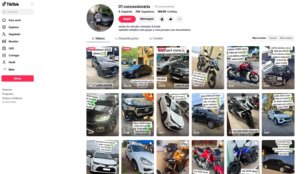 Audi de R$ 300 mil por R$ 15 mil: polícia identifica 21 perfis que vendem carros clonados no TikTok