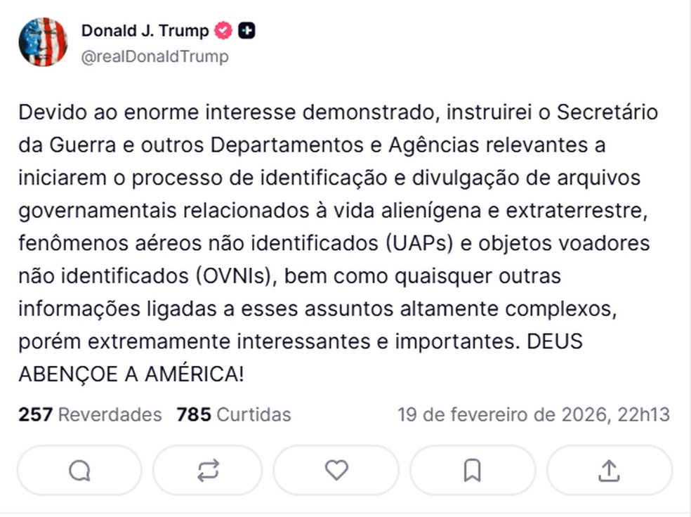 Donald Trump, anunciou que ordenou às agências federais que iniciem o processo de identificar e divulgar arquivos governamentais relacionados à vida extraterrestre.