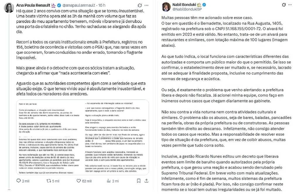 Posts de Ana Paula Renault e Nabil Bonduki falando sobre o bar na rua Augusta. — Foto: Reprodução/Redes Sociais