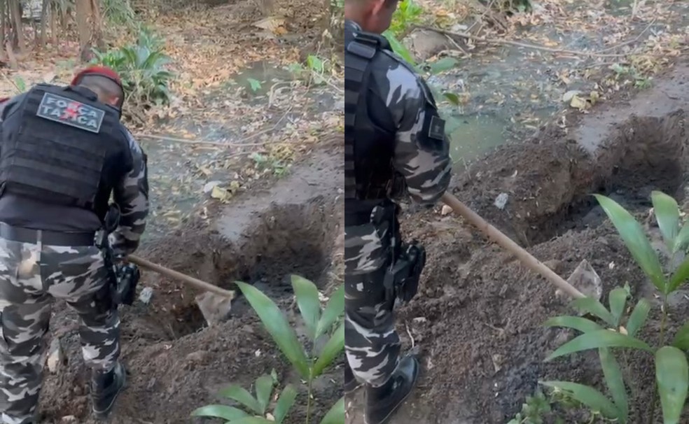 Policial militar do Bope abre cova em busca de vítima em cemitério clandestino em Boa Vista — Foto: Arquivo pessoal