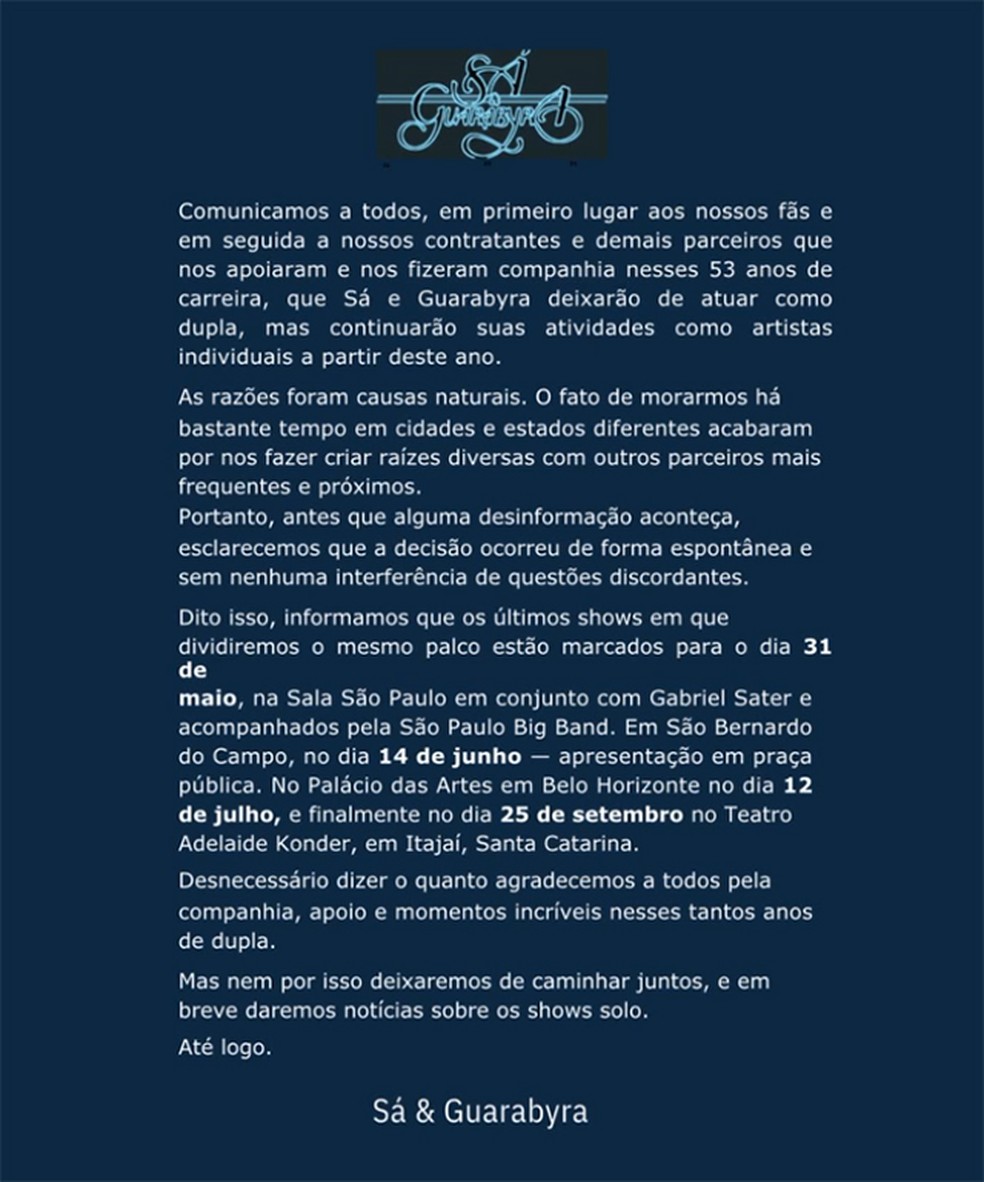 Comunicado em que a dupla Sá & Guarabyra anuncia a dissolução da dupla — Foto: Reprodução / Facebook Sá & Guarabyra