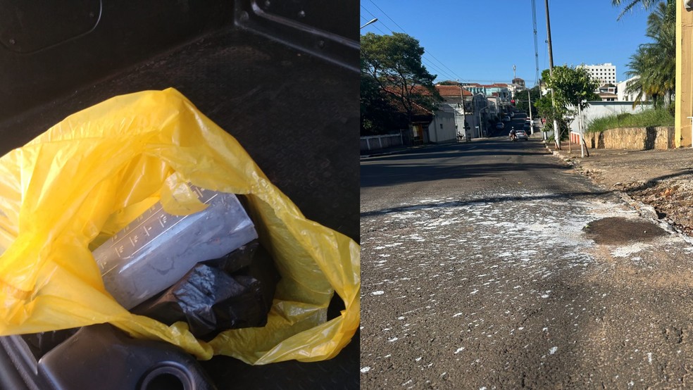 Polícia encontrou sacola com parte do produto jogado na jovem. Rua ficou com marca do ataque — Foto: Reprodução