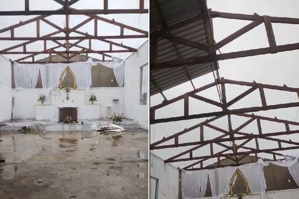 Igrejas fica totalmente destruída por tempestade de granizo no litoral de SP — Foto: Viviane Pereira