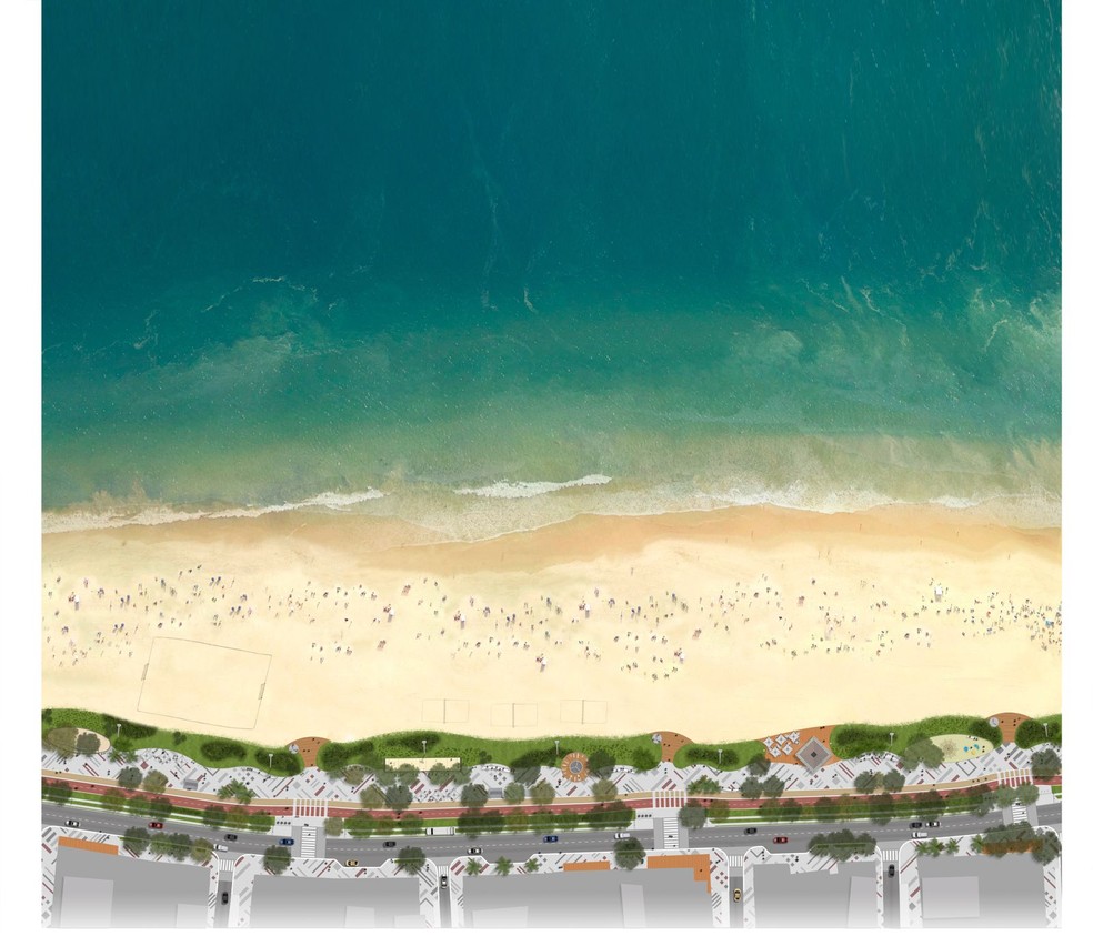Projeto de reurbanização da Praia Central, em Balneário Camboriú, com visão aérea mostrando calçadão e restinga — Foto: PMBC/Divulgação