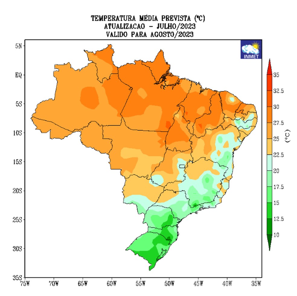 Temperaturas médias previstas para agoste de 2023 em todo o Brasil. — Foto: Inmet/Divulgação