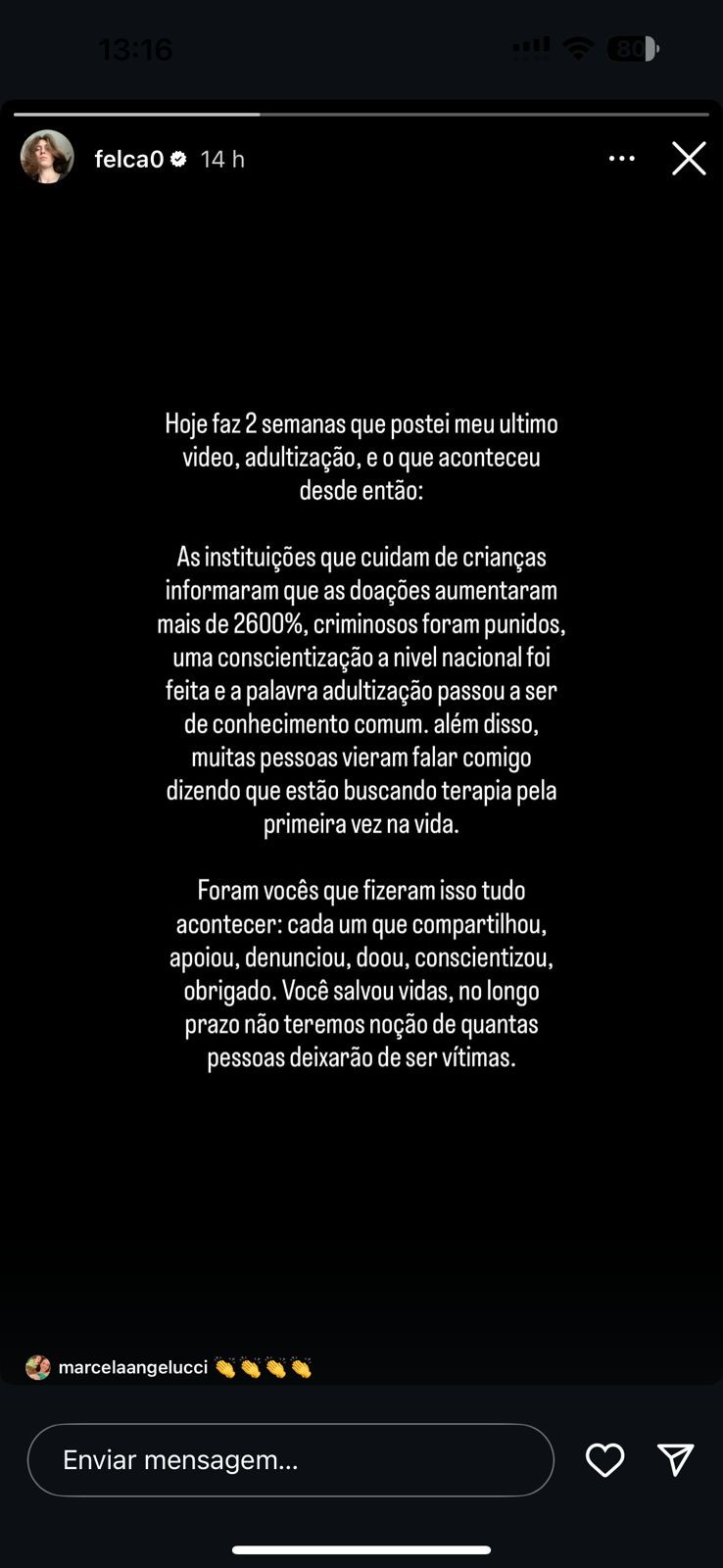 Felca faz post para enumerar os resultados obtidos duas semanas após denúncia contra adultização de crianças