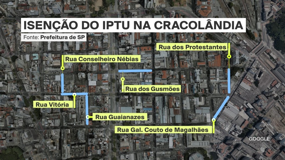 Mapa de ruas da Cracolândia que podem ter imóveis isentos de IPTU  — Foto: Reprodução/GloboNews