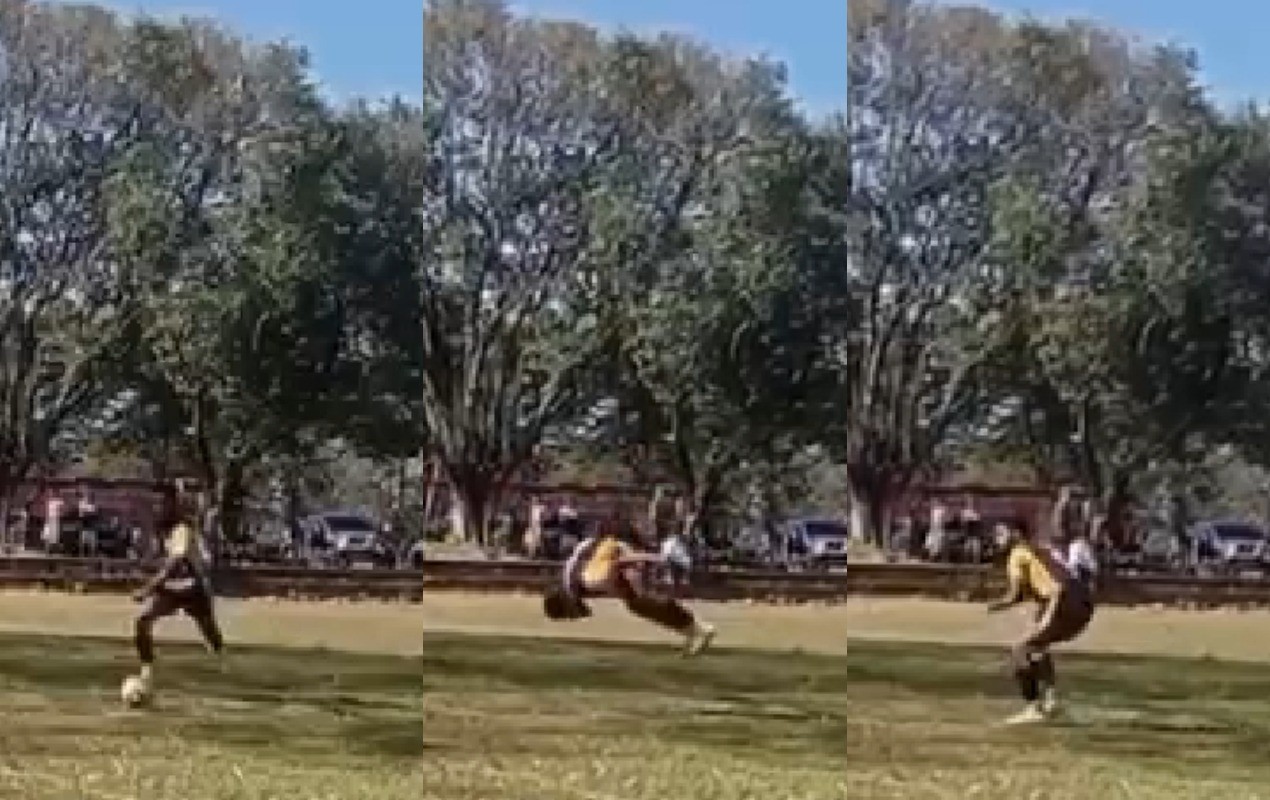 Jogador faz sucesso na web ao bater pênalti com salto mortal em campeonato de várzea no interior de SP; vídeo