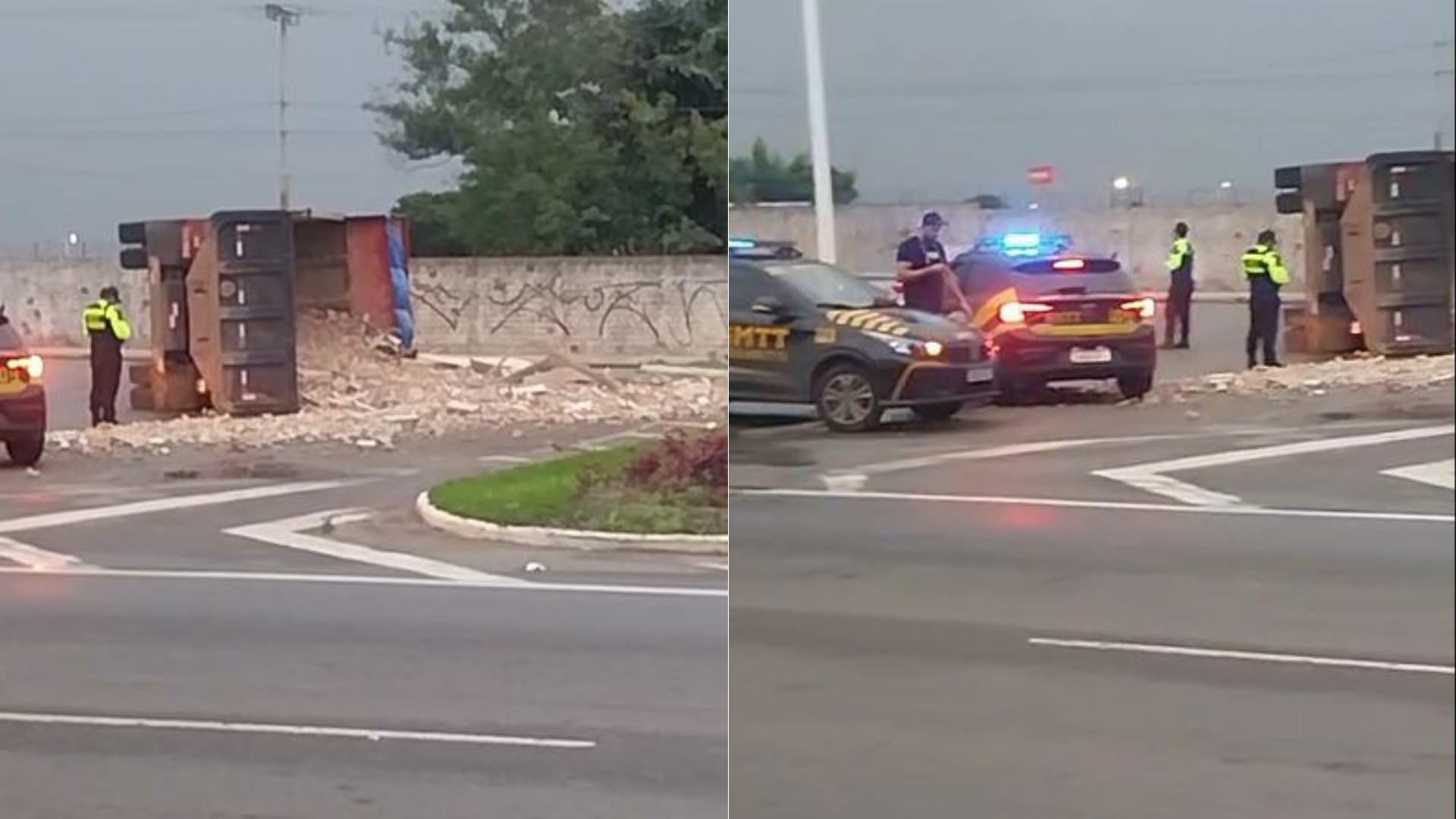 VÍDEO: Caçamba carregada de entulho tomba em retorno próximo ao aeroporto de São Luís