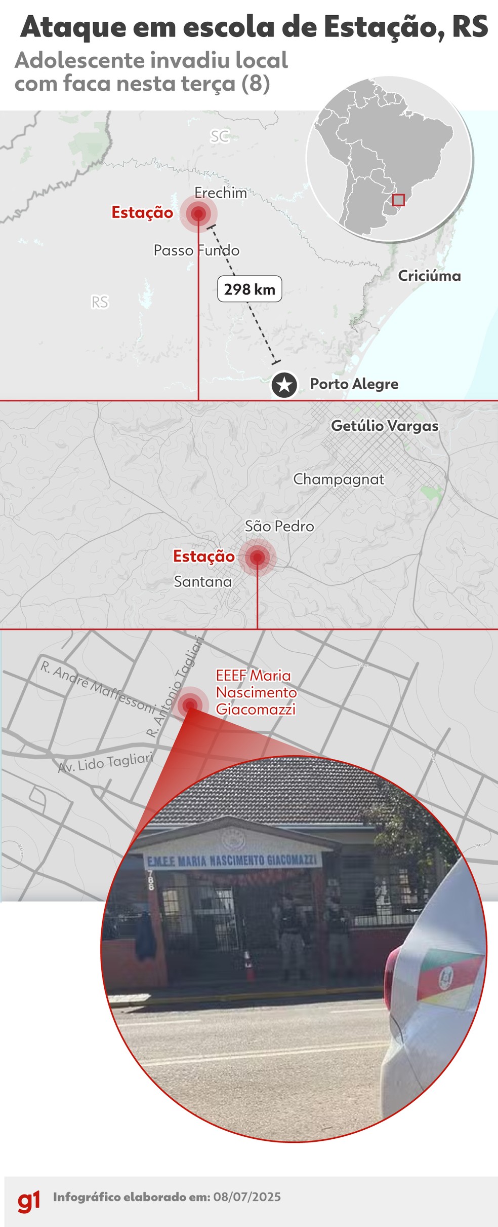 Mapa mostra escola em Estação onde crianças foram atacadas por adolescente — Foto: Arte/g1