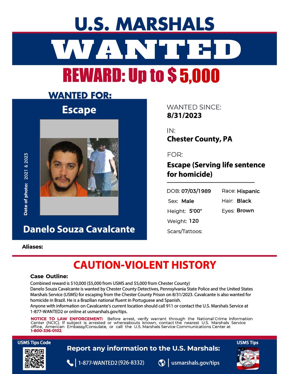 Governo norte-americano divulgou cartaz indicando recompensa por informações por brasileiro fugitivo — Foto: Chester County Government