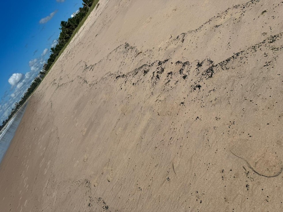 Banhista encontra manchas de óleo nas praias de Ponta de Campina e Intermares. — Foto: Divulgação.