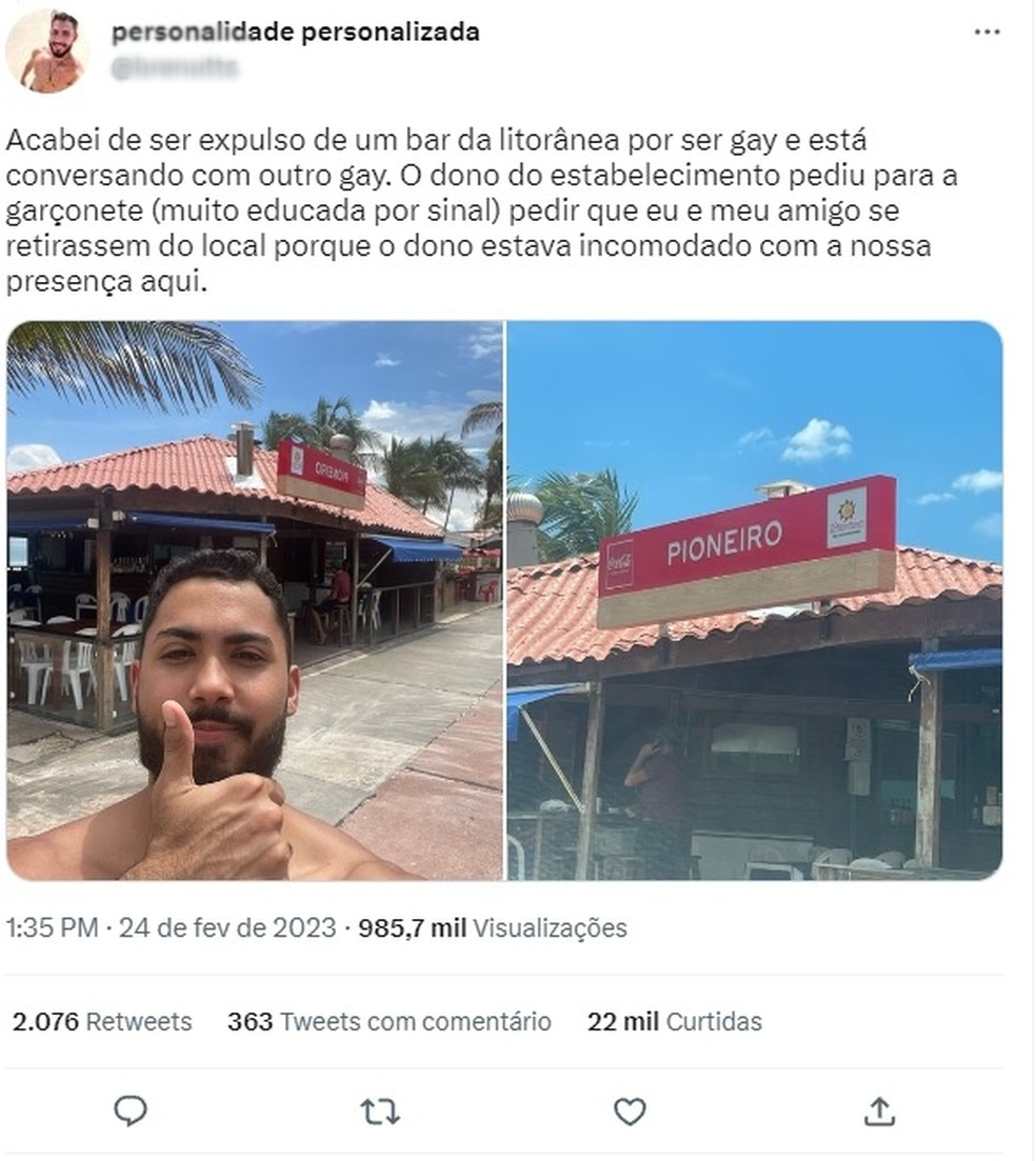 Engenheiro alega ter sido vítima de homofobia em bar de São Luís — Foto: Reprodução/Twitter