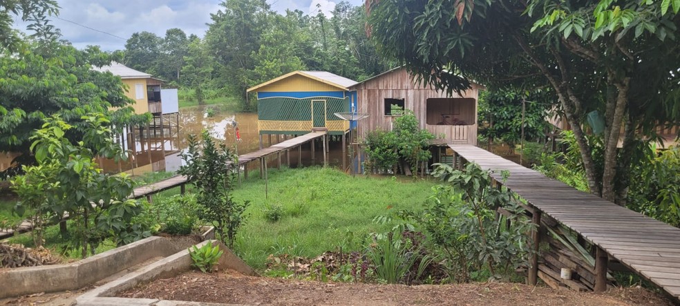 Águas chegaram nos quintais de algumas casas em Tarauacá — Foto: Arquivo/Defesa Civil Municipal