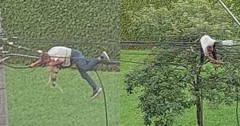Homem se pendurou em fiação para roubar cabos de cobre, em Curitiba — Foto: Reprodução
