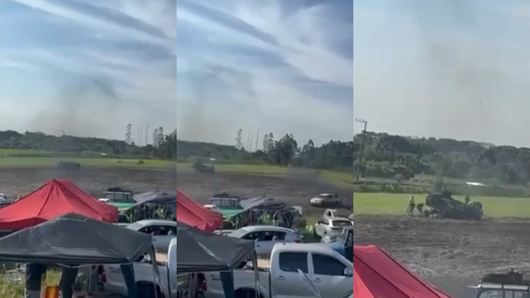 Picape capota com pessoas na carroceria em evento de manobras automotivas em SC; VÍDEO