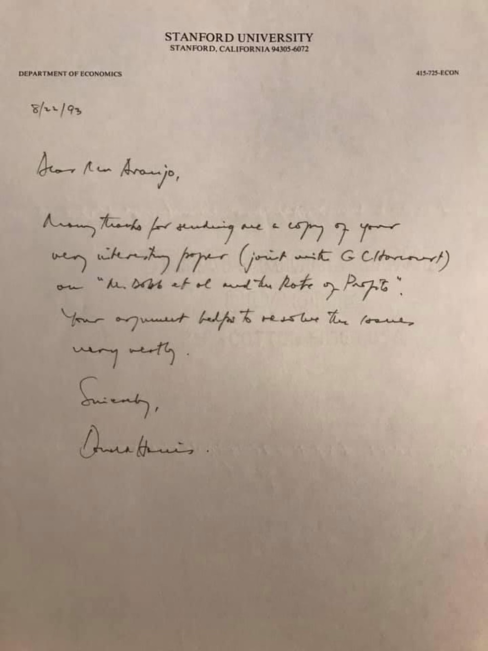 Carta de Donald J. Harris enviada ao então estudante Jorge Araújo da UnB. — Foto: Divulgação/GloboNews