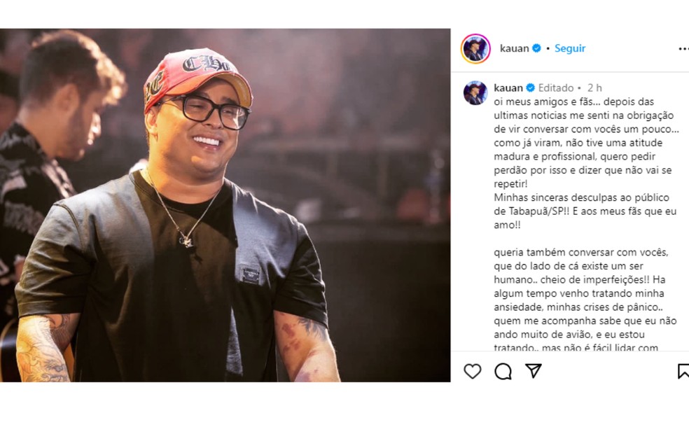 Kauan, da dupla com Matheus, pede desculpas após jogar microfone durante show em Tabapuã — Foto: Reprodução/Instagram