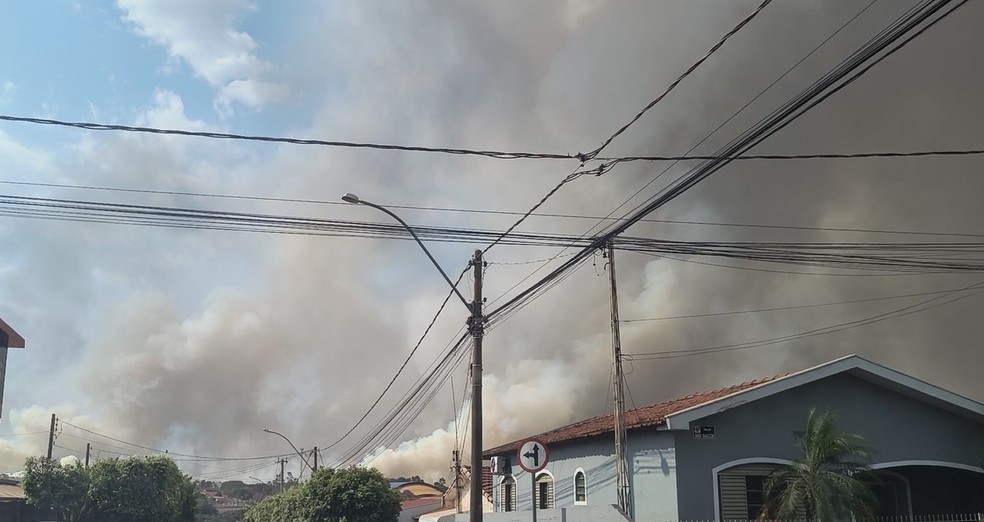 Fumaça causada por incêndio em Tanabi (SP) em área de pastagem — Foto: Arquivo pessoal