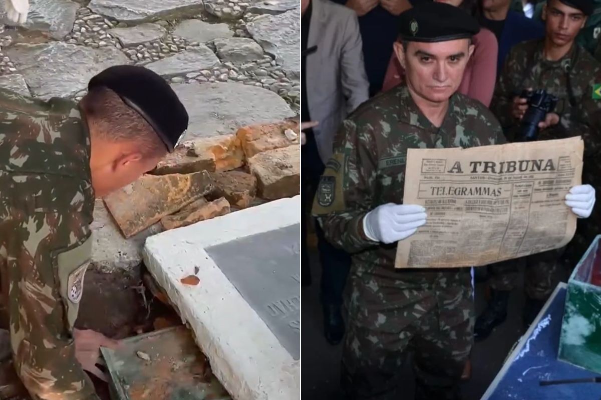 Cápsula do tempo aberta após 104 anos revela exemplar intacto de jornal do litoral de SP; VÍDEO