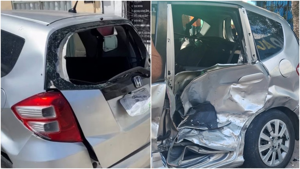 Veículo de personal foi atingido por carro de mulher que tentou fugir de assalto com criminoso pendurado na porta do autmóvel. — Foto: Instagram/ Reprodução