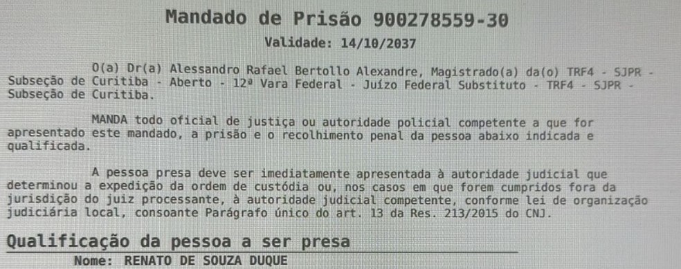 Mandado de prisão contra Renato Duque — Foto: Reprodução